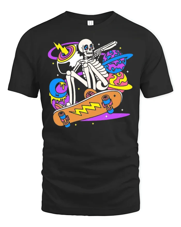 Space Skater Skeleton Funny Cosmic Skateboard Tee - black t-shirt on white background