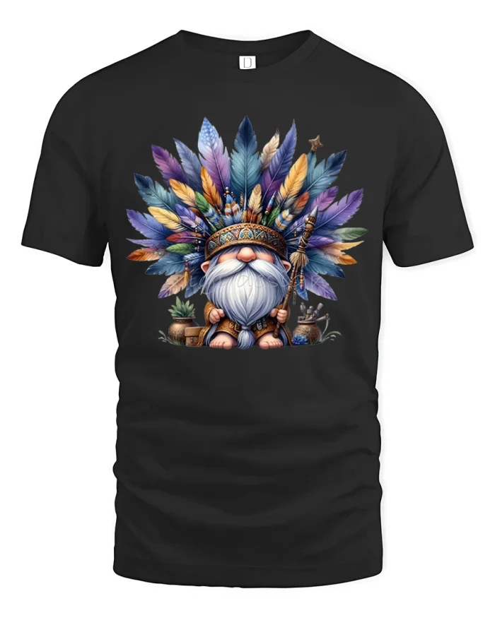 Boho Feather Gnome Spirit Warrior Graphic Tee - black t-shirt on white background