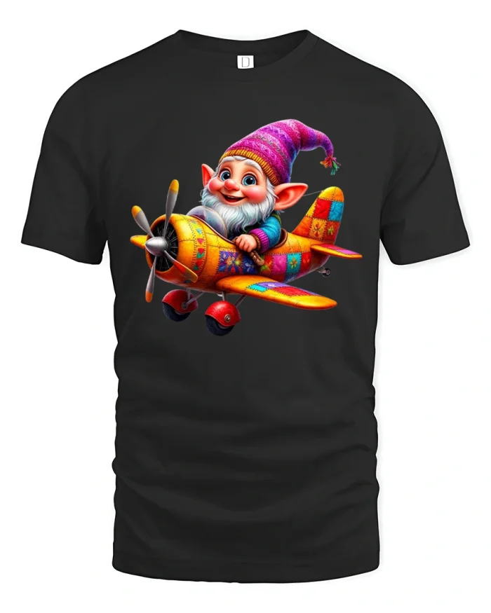 Flying Gnome Adventure Cute Pilot Graphic T-Shirt - black t-shirt on white background