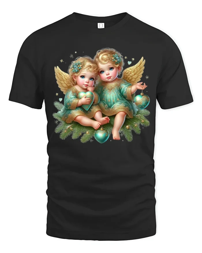 Cute Christmas Angel Twins Holiday Graphic T-Shirt - black t-shirt on white background