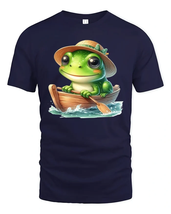 Cute Frog Rowing Boat Funny Nature Lover T-Shirt - navy t-shirt on white background
