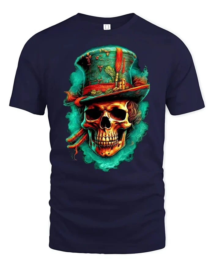 Psychedelic Skull in Top Hat Cool Gothic Graphic Tee - navy t-shirt on white background