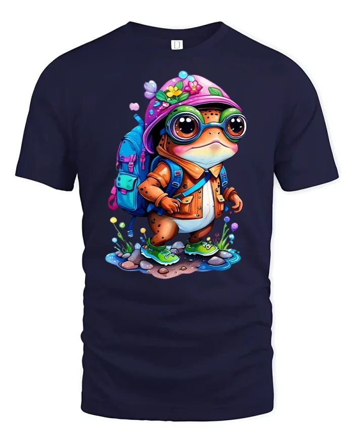 Cute Explorer Frog Adventure Lover Funny Graphic Tee - navy t-shirt on white background
