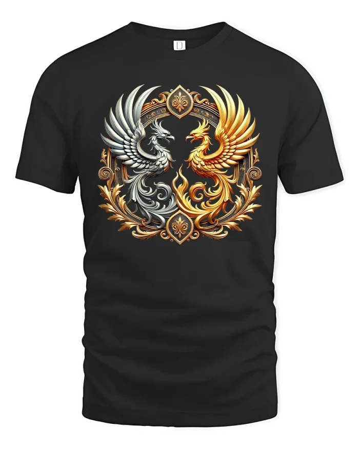 Gold and Silver Phoenix Balance Mythic Art T-Shirt - black t-shirt on white background