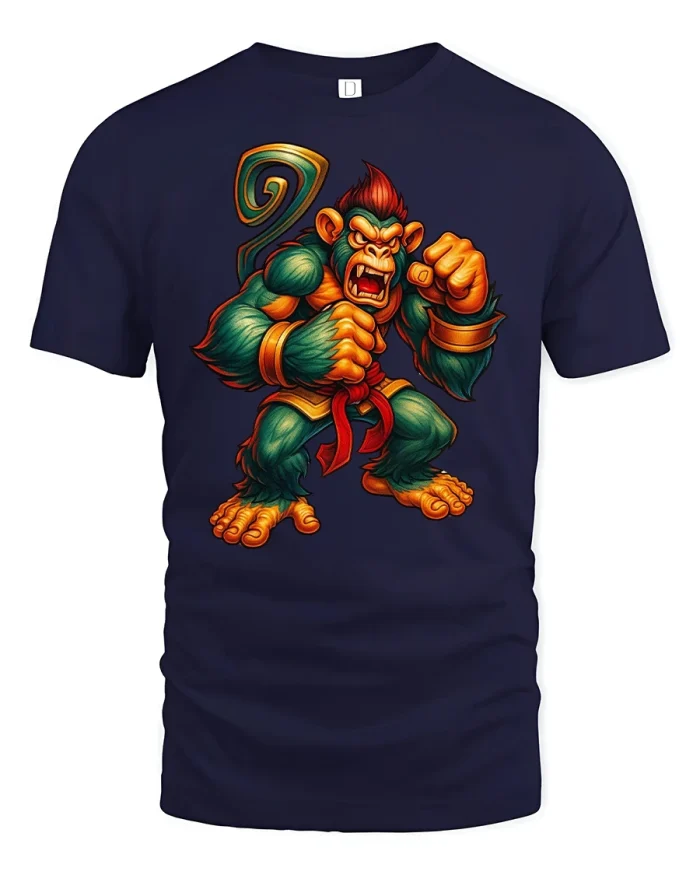 Angry Monkey Warrior Power Fighter Graphic T-Shirt - navy t-shirt on white background