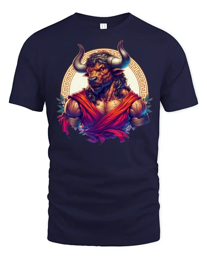 Mythic Minotaur Warrior Ancient Power Graphic T-Shirt - navy t-shirt on white background