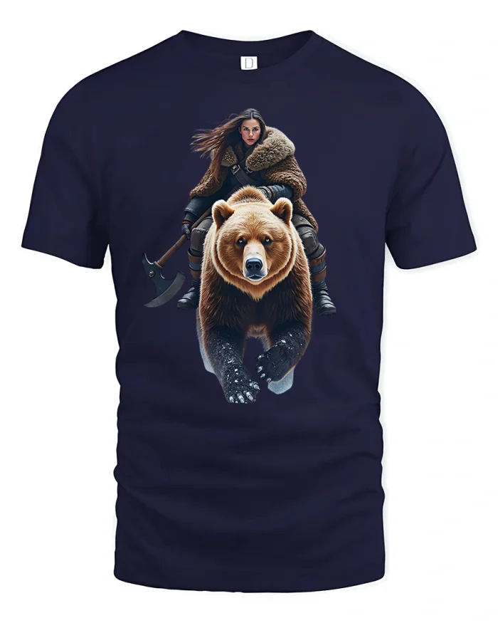 Viking Warrior Woman Riding Bear Epic Power T-Shirt - navy t-shirt on white background