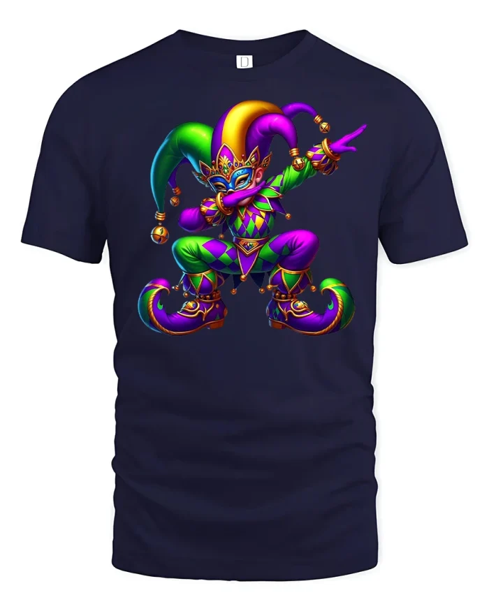 Colorful Mardi Gras Jester Party Vibes Graphic Tee - navy t-shirt on white background
