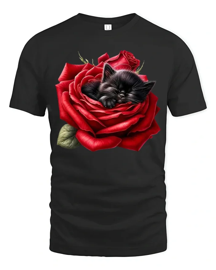 Sleeping Black Cat Rose Graphic T Shirt Romantic Art Style - black t-shirt on white background