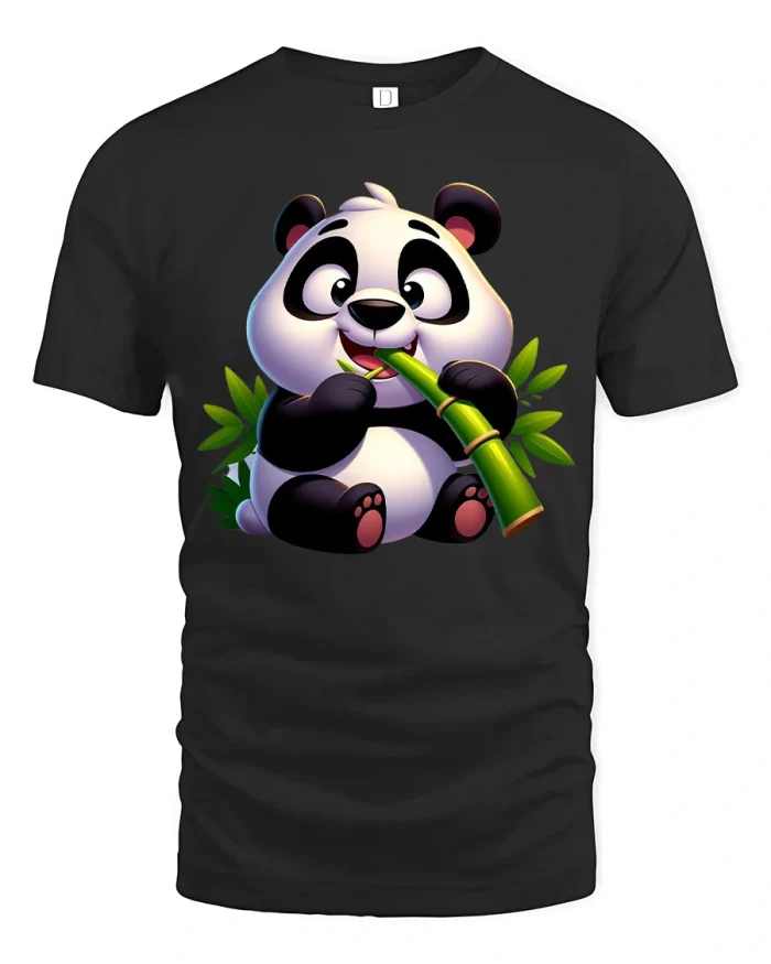 Cute Panda Eating Bamboo Graphic T Shirt Adorable Fun Art - black t-shirt on white background