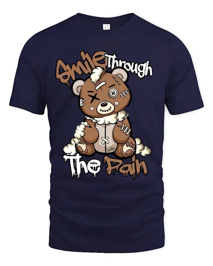 Smile Through The Pain Bear Graphic T Shirt Emotional Art - navy t-shirt on white background