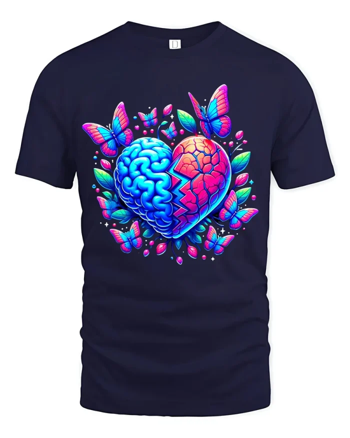 Heart And Brain Butterfly Graphic T Shirt Emotional Balance Art - navy t-shirt on white background