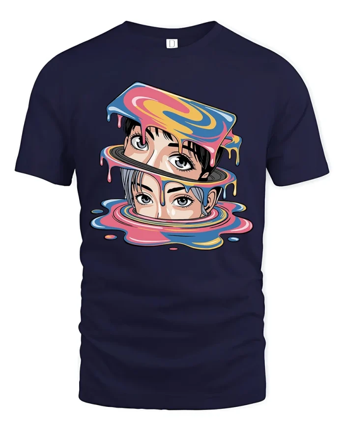 Surreal Melting Face Graphic T Shirt Psychedelic Pop Art - navy t-shirt on white background