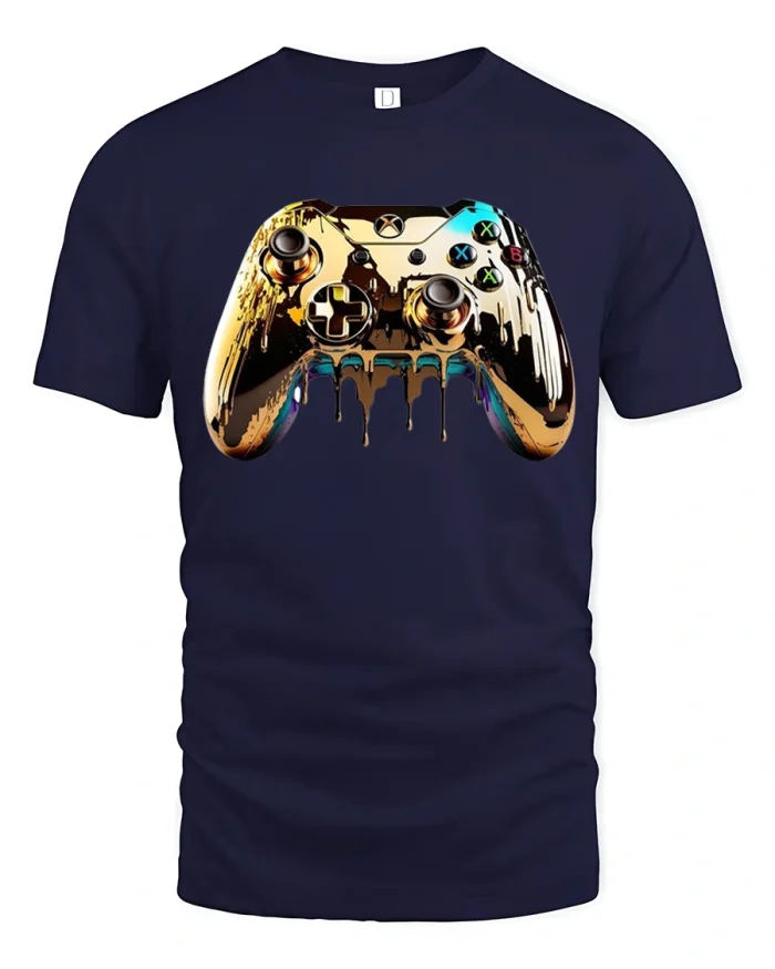 Dripping Gold Game Controller Graphic T Shirt Gamer Style - navy t-shirt on white background