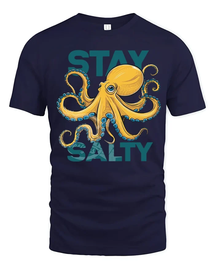 Stay Salty Octopus Graphic T Shirt Funny Ocean Mood - navy t-shirt on white background