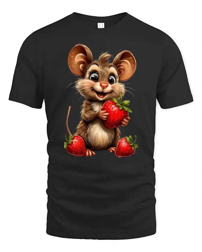 Cute Strawberry Mouse Illustration T Shirt Sweet Animal Art Style - black t-shirt on white background
