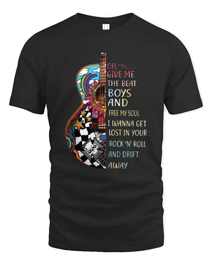 Oh Give Me The Beat Rock Music Guitar Art Graphic T Shirt - black t-shirt on white background