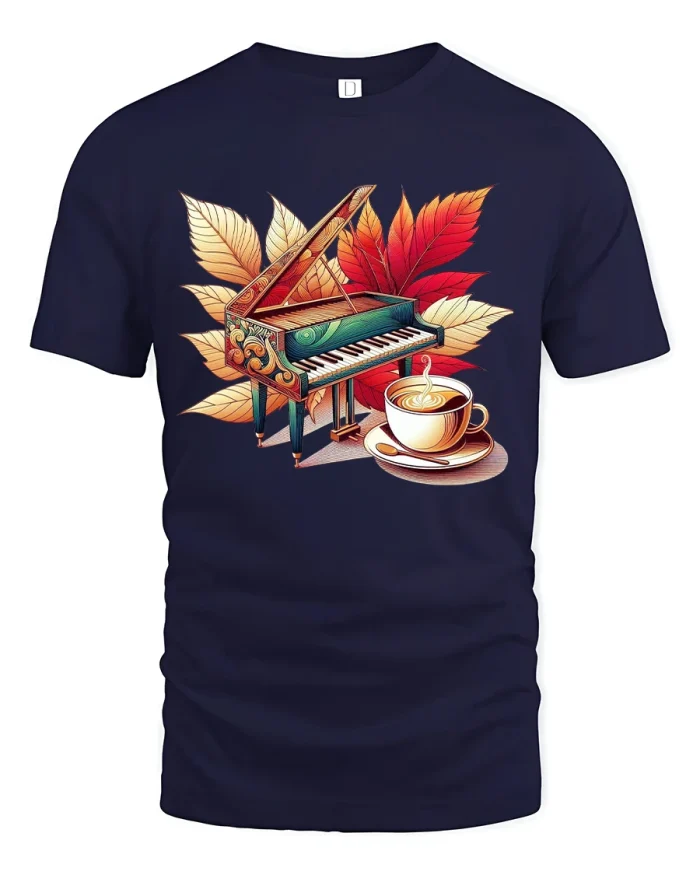 Autumn Piano And Coffee Art T Shirt Cozy Music Lover Style - navy t-shirt on white background