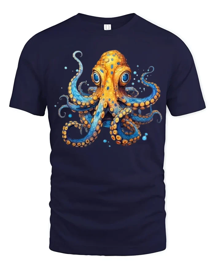 Vibrant Colorful Octopus Ocean Art Graphic T Shirt Design - navy t-shirt on white background