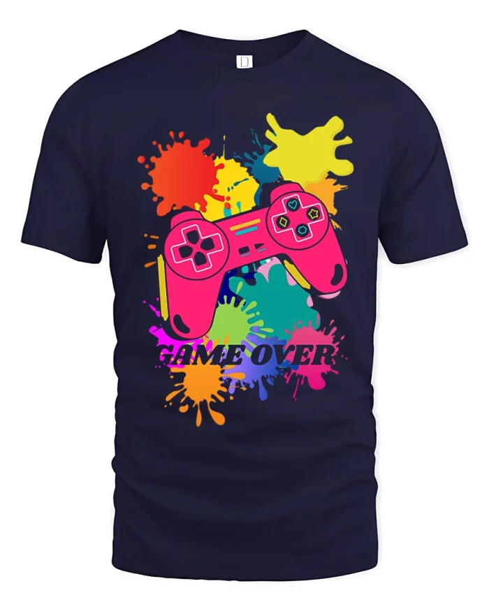 Colorful Game Over Controller Graphic T Shirt With Retro Vibes - navy t-shirt on white background