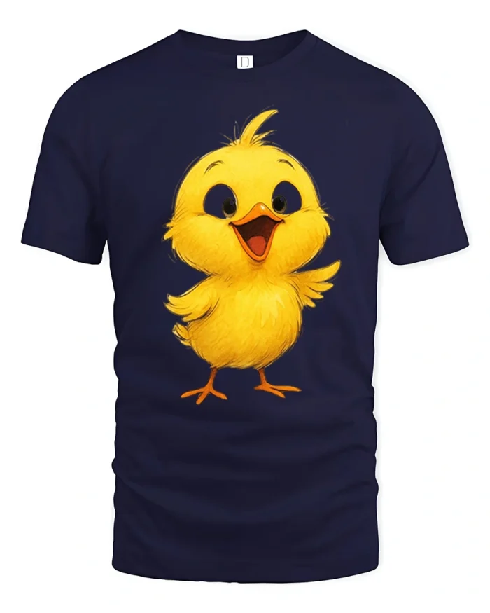 Cute Happy Yellow Chick Smiling Graphic Tshirt With Joyful Vibes - navy t-shirt on white background