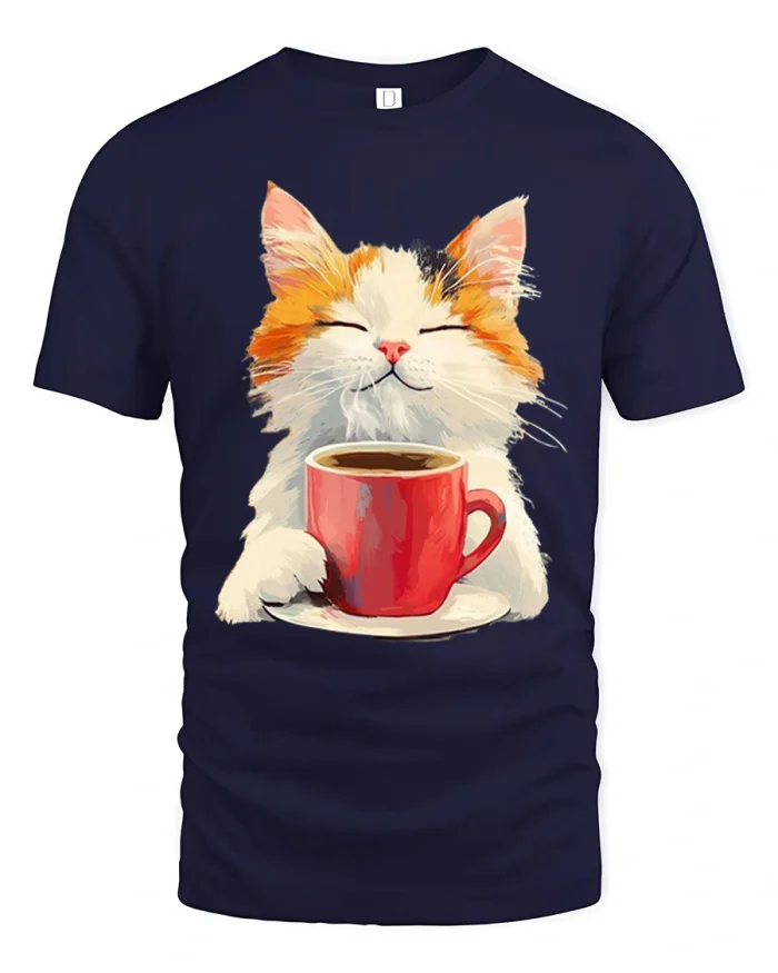 Cute Relaxed Cat Drinking Coffee Graphic Tshirt Cozy Mood Art - navy t-shirt on white background