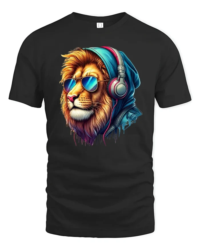Chill Lion DJ Vibes Graphic Tee with Cool Streetwear Style - black t-shirt on white background