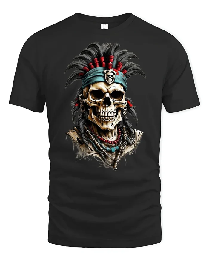 Warrior Skull Tee with Epic Feathered Headdress Art Design - black t-shirt on white background