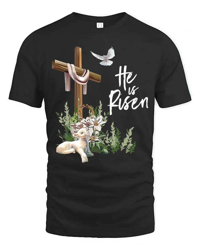 He Is Risen Faith Graphic Tee with Cross Dove and Lamb Design - black t-shirt on white background