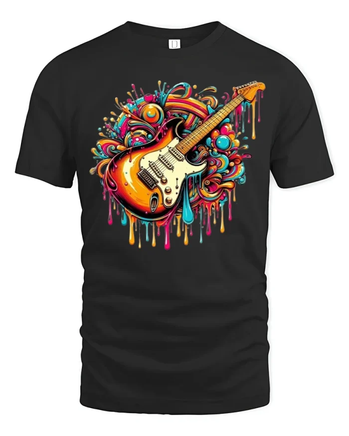 Vibrant Electric Guitar Art Tee with Color Splash Graphic Style - black t-shirt on white background
