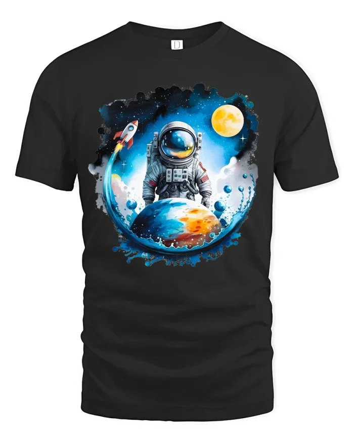 Cosmic Astronaut Adventure Tee with Colorful Space Art Design - black t-shirt on white background