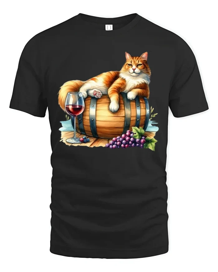 Relaxed Wine Cat Tee with Cozy Barrel Art and Vineyard Vibes - black t-shirt on white background