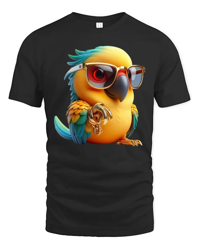 Cool Parrot Sunglasses Tee with Colorful Tropical Bird Art - black t-shirt on white background