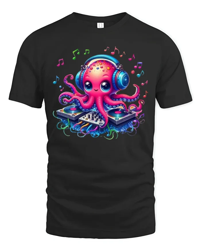 Cute DJ Octopus Tee with Colorful Music Art and Fun Vibes - black t-shirt on white background