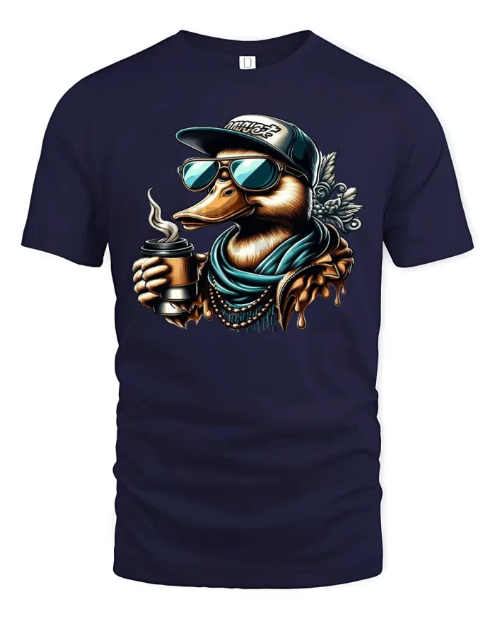 Cool Coffee Duck Tee with Sunglasses and Fun Street Style Art - navy t-shirt on white background