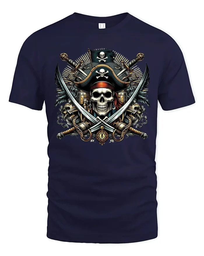 Epic Pirate Skull Tee with Crossed Sabers and Treasure Art - navy t-shirt on white background