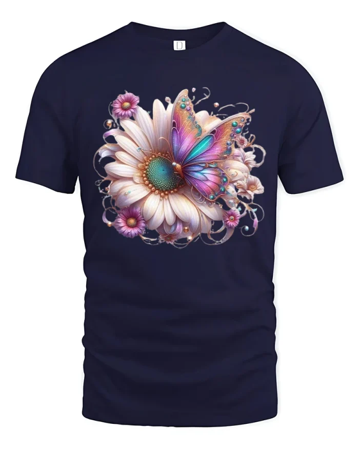 Beautiful Butterfly Daisy Tee with Vibrant Floral Art Design - navy t-shirt on white background