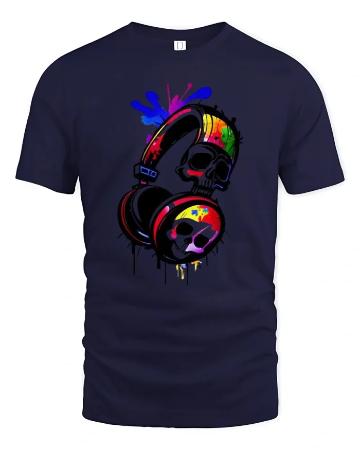 Neon Skull Headphones Tee with Bold Splash Paint Art Design - navy t-shirt on white background