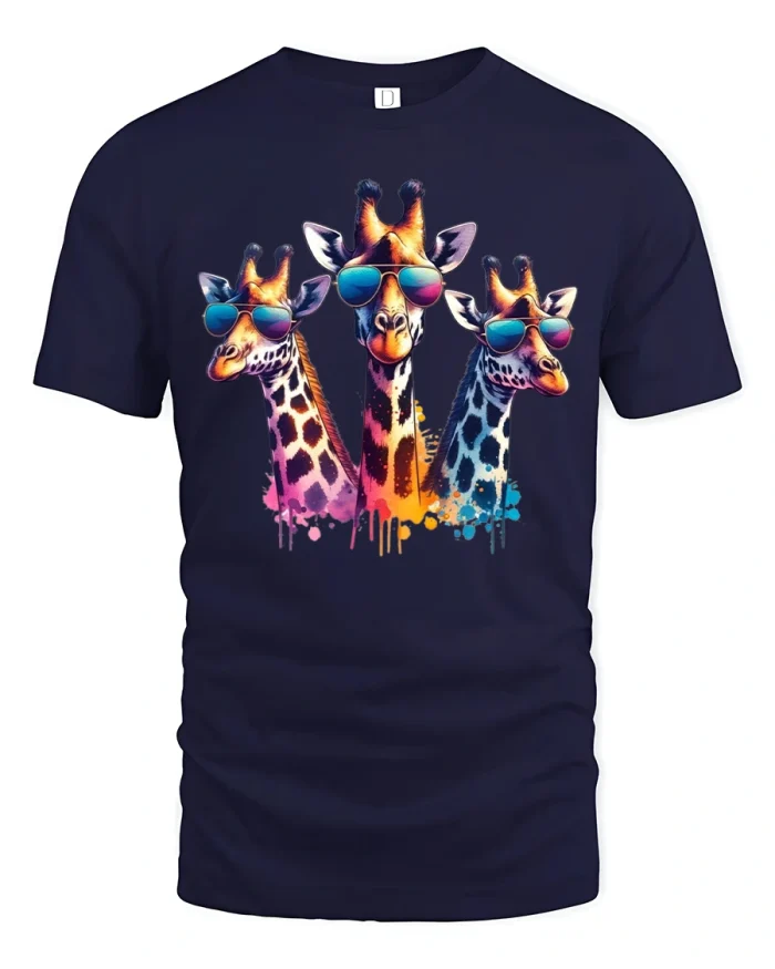 Cool Giraffe Trio Tee with Color Splash Sunglasses Art Design - navy t-shirt on white background