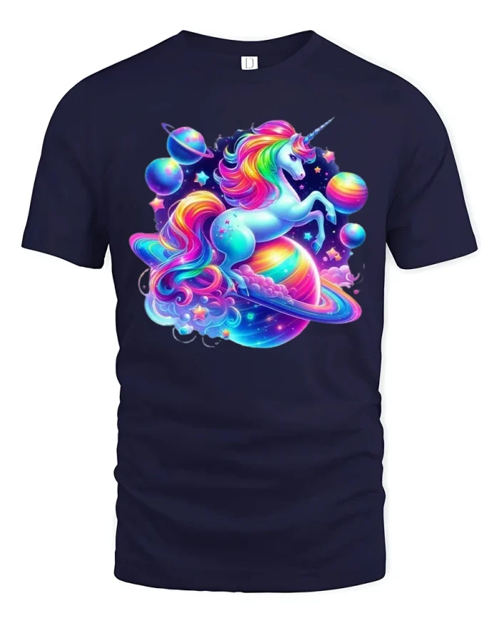 Cosmic Rainbow Unicorn Tee with Colorful Galaxy Art Design - navy t-shirt on white background