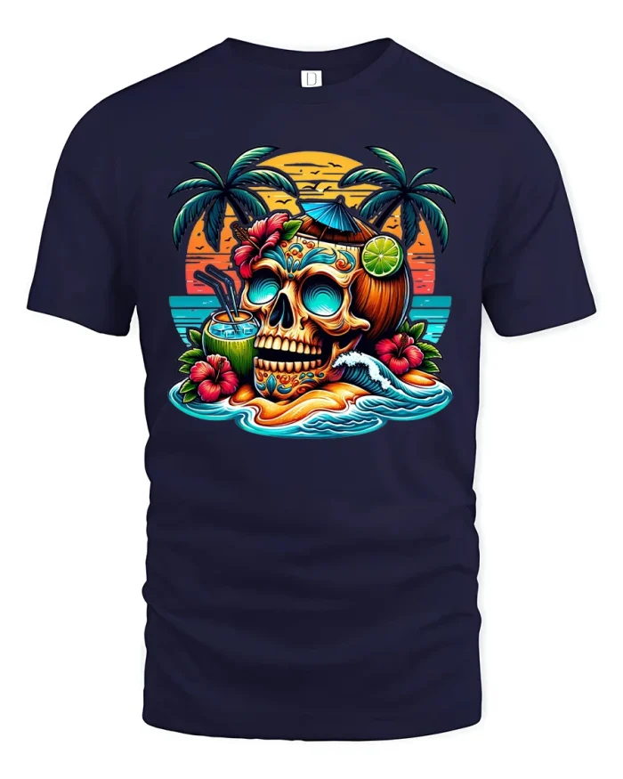 Tropical Beach Skull Tee with Vibrant Sunset Island Art Design - navy t-shirt on white background