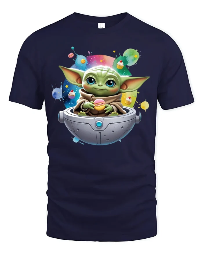 Cute Alien Snack Time Tee with Colorful Space Sweets Artwork - navy t-shirt on white background