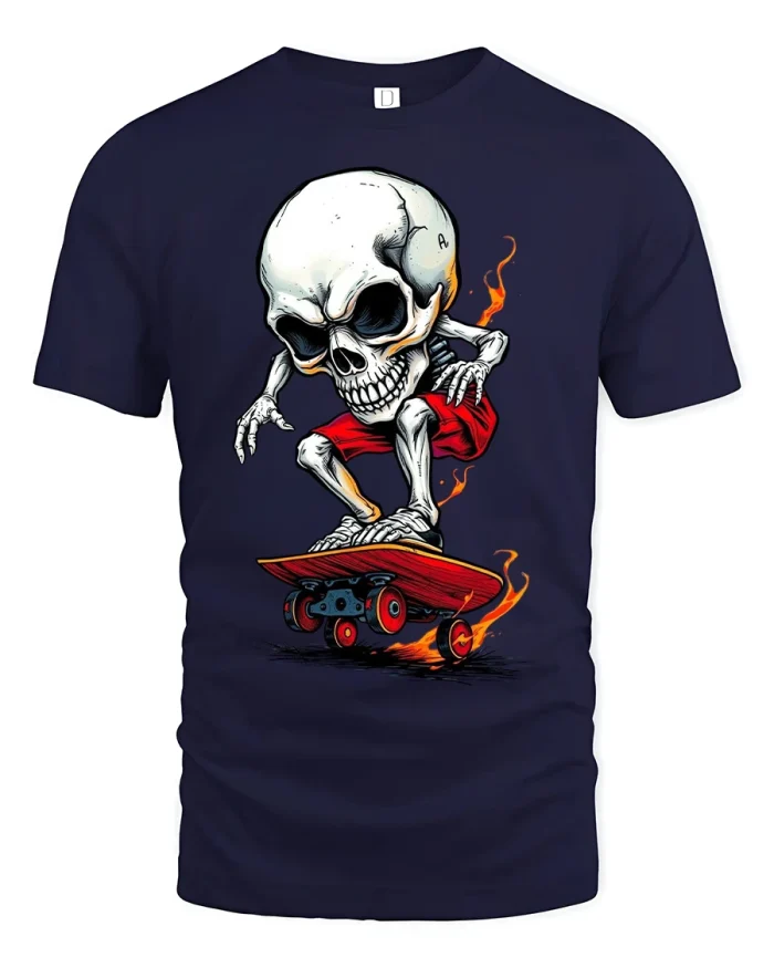 Skater Skull Tee with Fiery Skateboard Trick Graphic Art - navy t-shirt on white background