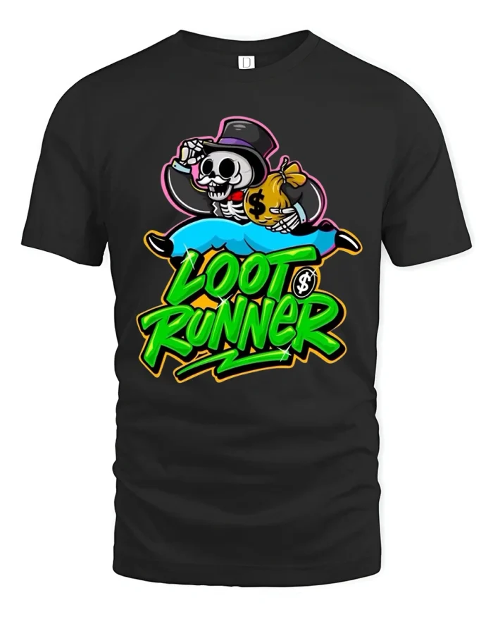 Funny Loot Runner Skeleton Graphic Tee With Bold Hustle Vibe - black t-shirt on white background