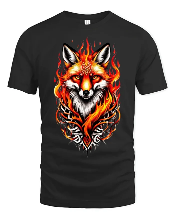 Fierce Fire Fox Graphic T Shirt With Tribal Flame Power Style - black t-shirt on white background