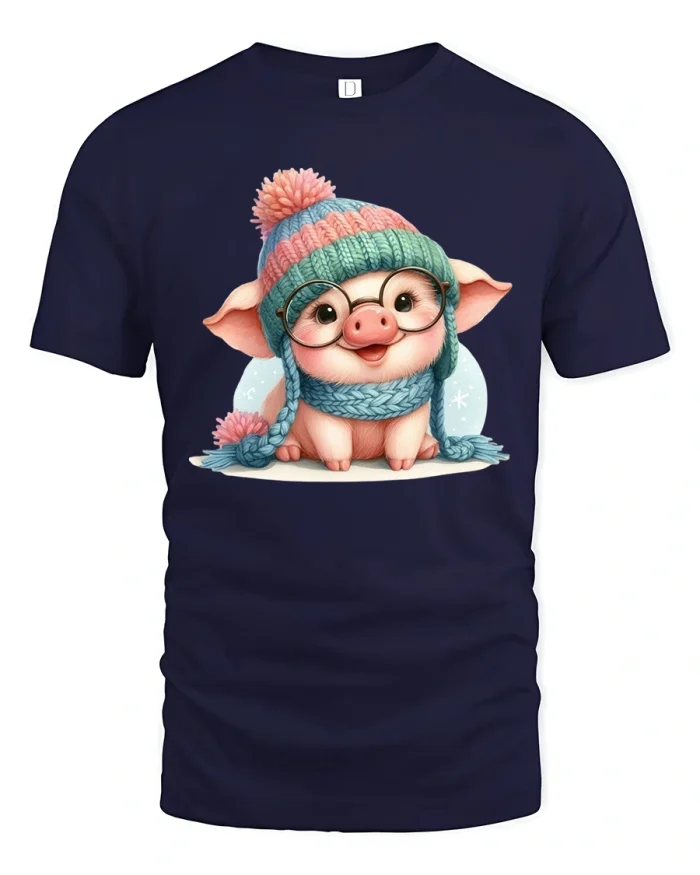 Cute Winter Pig Graphic T Shirt With Cozy Knitted Hat Charm - navy t-shirt on white background