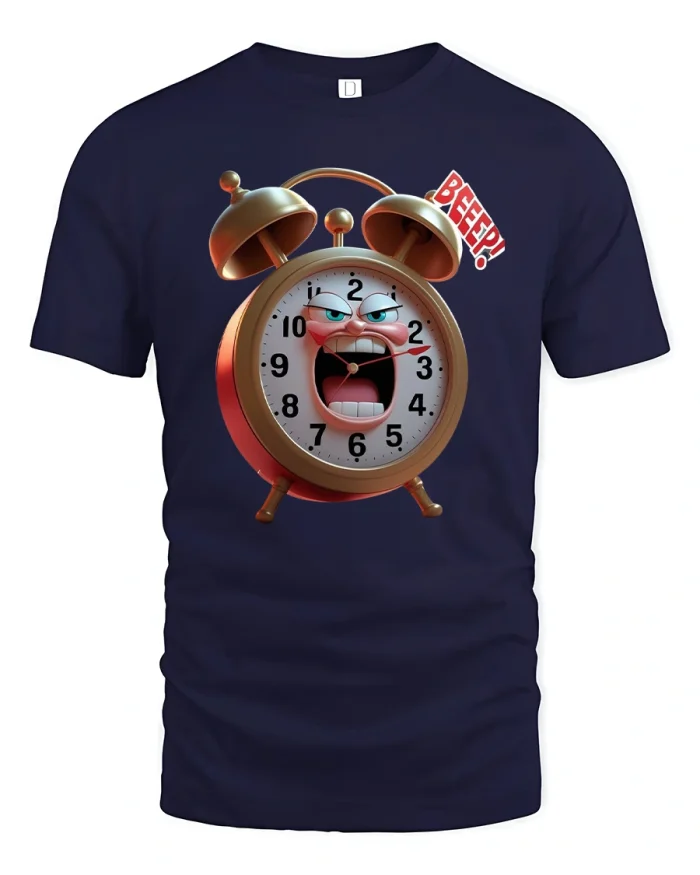 Funny Angry Alarm Clock Graphic T Shirt With Loud Morning Attitude - navy t-shirt on white background