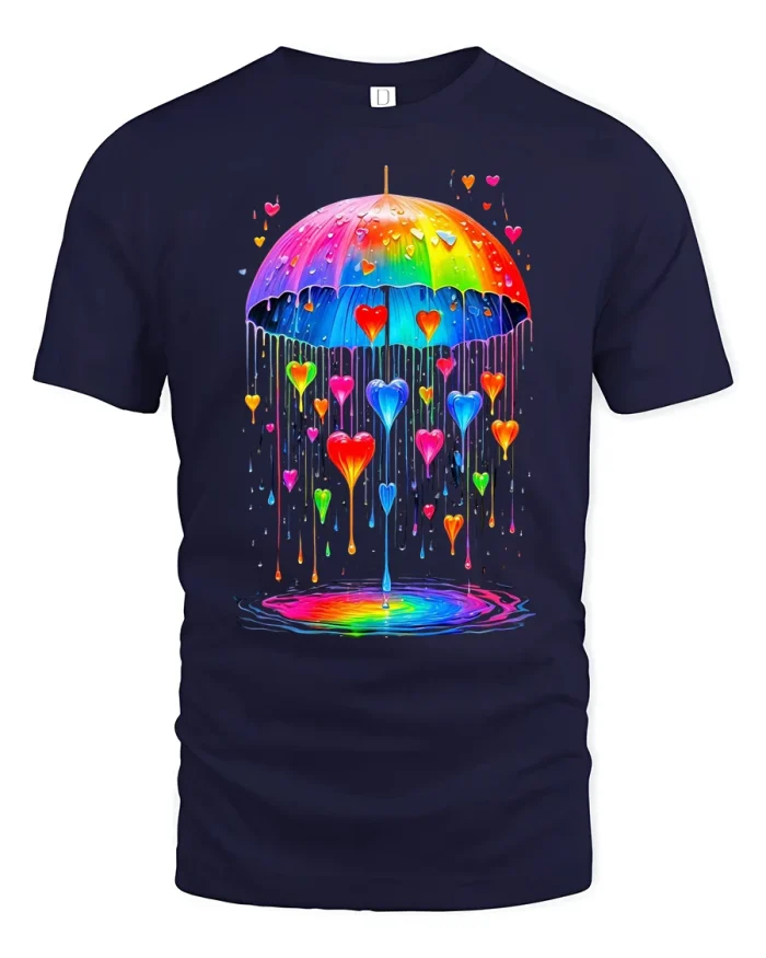 Rainbow Heart Umbrella Graphic T Shirt With Colorful Love Energy - navy t-shirt on white background