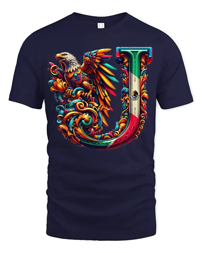 Mexican Eagle Letter J Graphic T Shirt With Bold Artistic Pride - navy t-shirt on white background