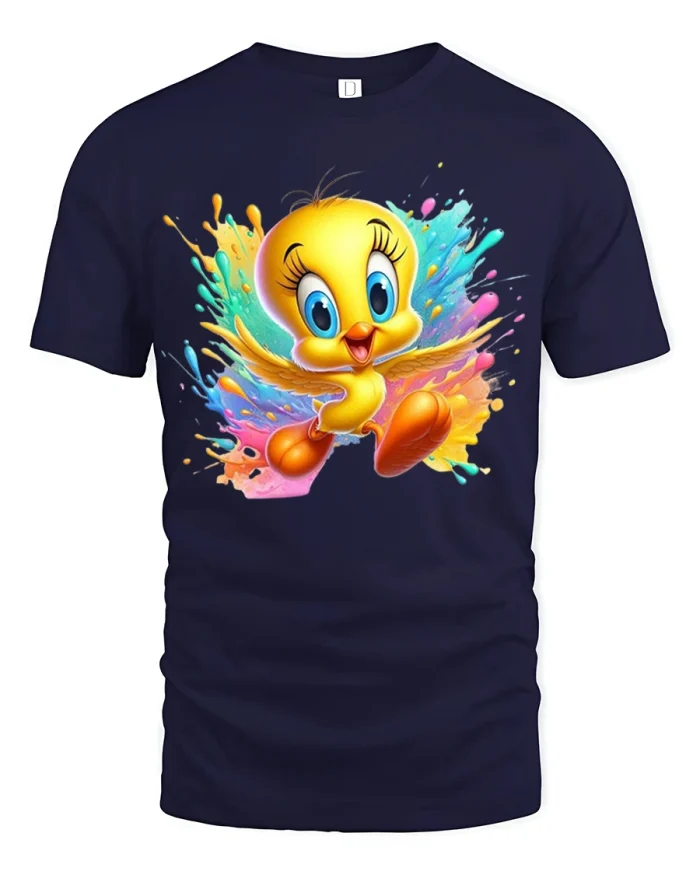 Cute Colorful Cartoon Bird Graphic T Shirt With Happy Splash Art - navy t-shirt on white background